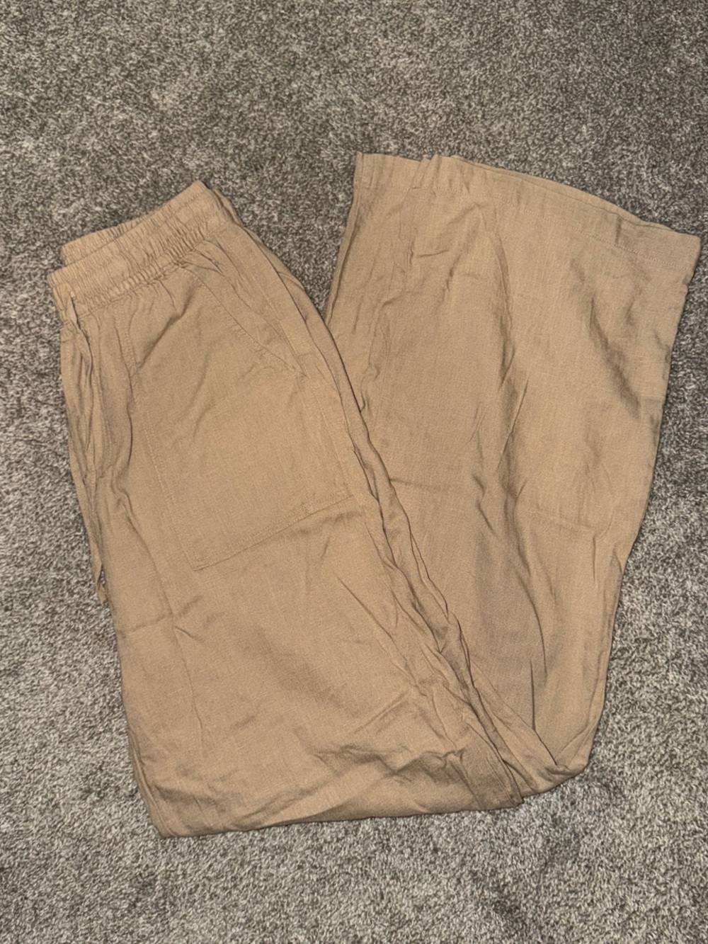 thread + supply beige/tan linen pants with elastic waistband